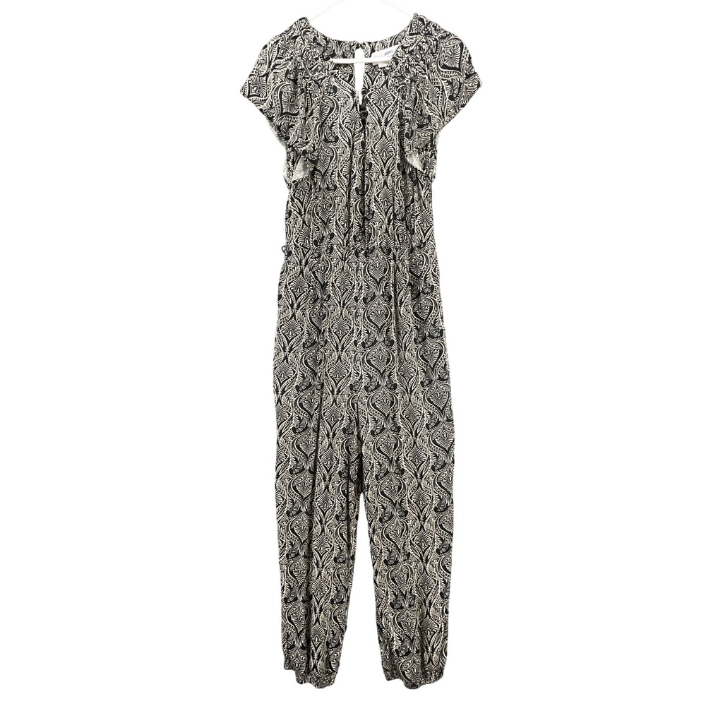 Anthropologie Jumpsuit Women's 8 Black White Damask Paisley Flutter Sleeve Boho‎